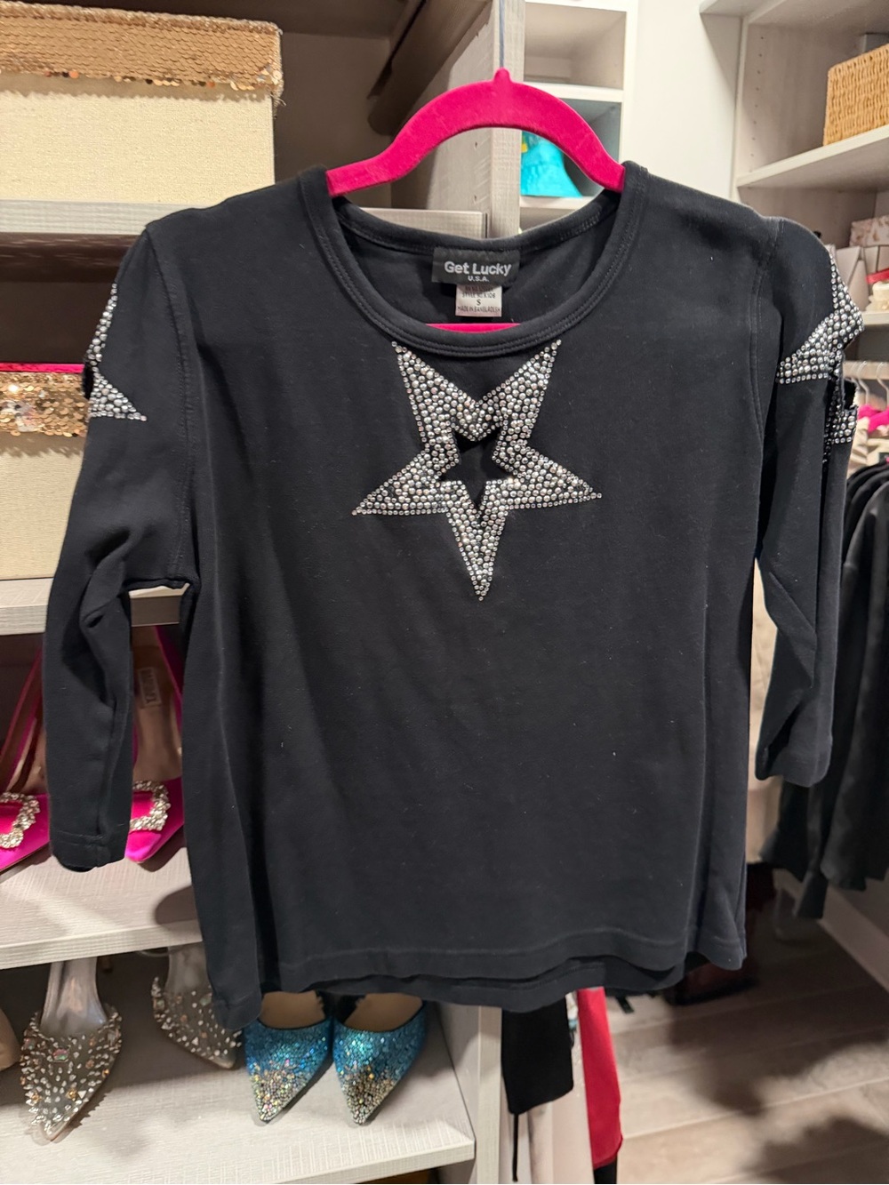 Get Lucky Black Long Sleeve Tee with Rhinestone Star
